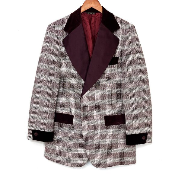 After Six Burgundy Silver Plaid Brocade Tuxedo Prom Formal Jacket Vintage 70’s - Picture 1 of 14